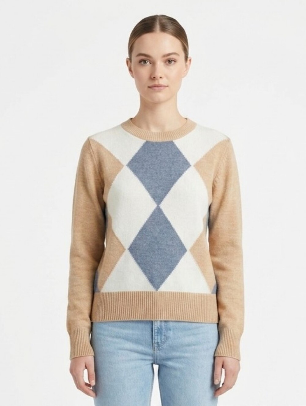 VTG Its Pure Gould Argyle Knit Sweater S/M Beige Blue White Preppy Academia